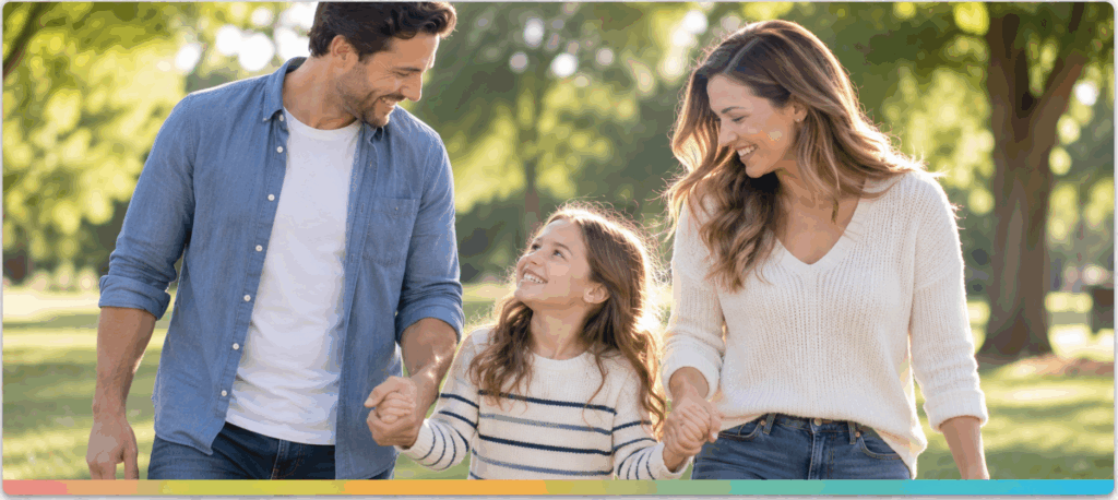 Happy family representing a domestic partnership enjoying time together outdoors