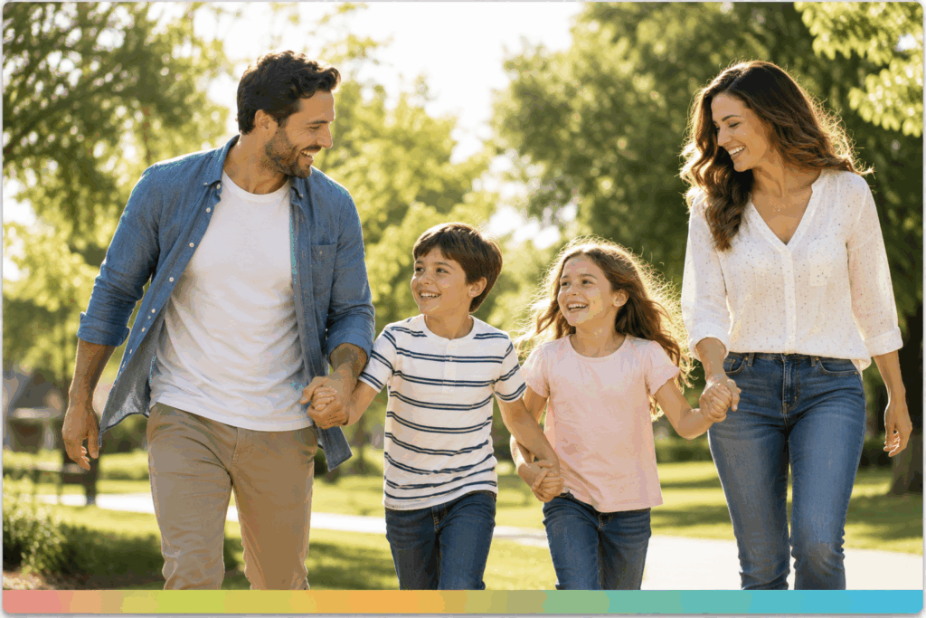 Happy family spending time together after resolving a family law court order dispute