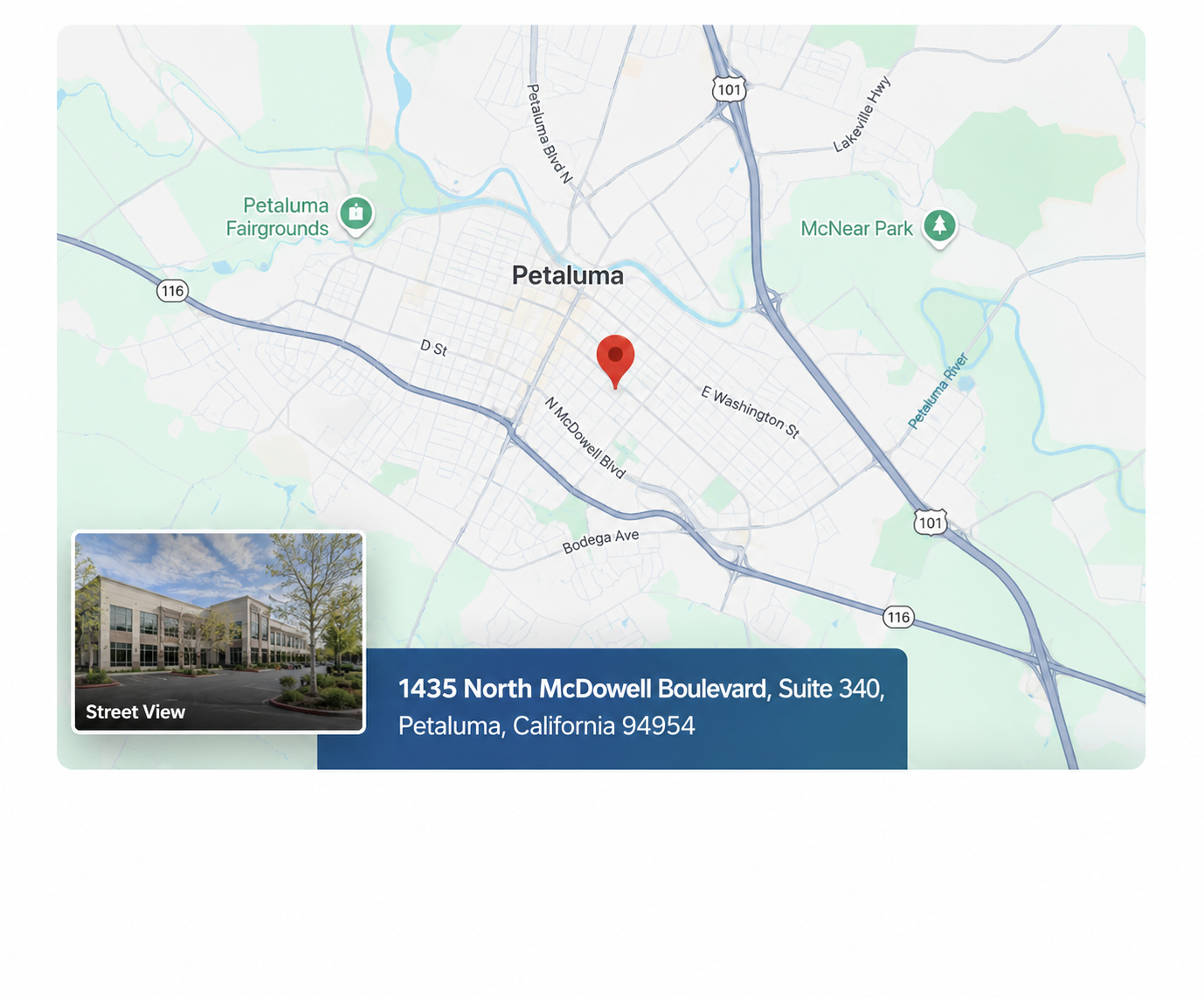 Map showing the future Modern Family Law office at 1435 North McDowell Boulevard, Suite 340, Petaluma, CA 94954.