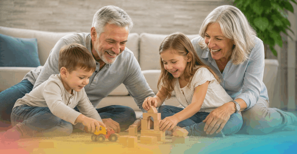 Older couple spending time with their grandchildren at home