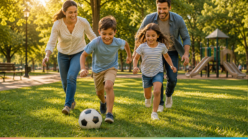 Happy family playing soccer together in a sunny park