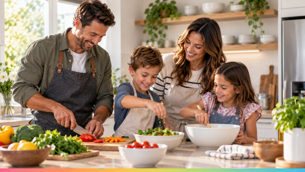 Happy family preparing a meal together